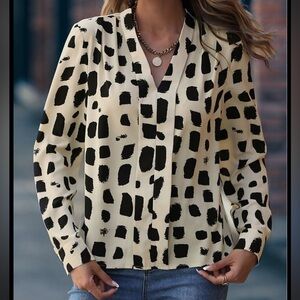 Greathe Black and Cream Patterned Long Sleeve Blouse-  NWOT Sz S